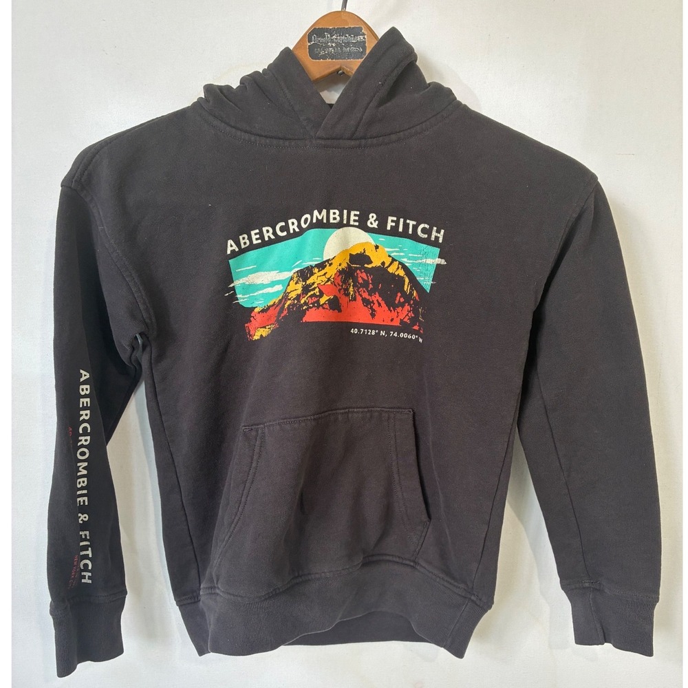 Abercrombie Kids Mountain Graphic Hoodie Sweatshirt Black Size 7/8 Relaxed Fit
